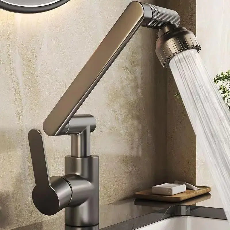 Modern matte black rotating dual-mode faucet with sleek articulated spout and adjustable showerhead for kitchen and bathroom
