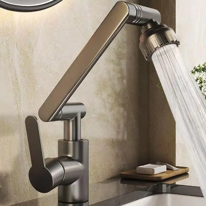 Modern matte black rotating dual-mode faucet with sleek articulated spout and adjustable showerhead for kitchen and bathroom