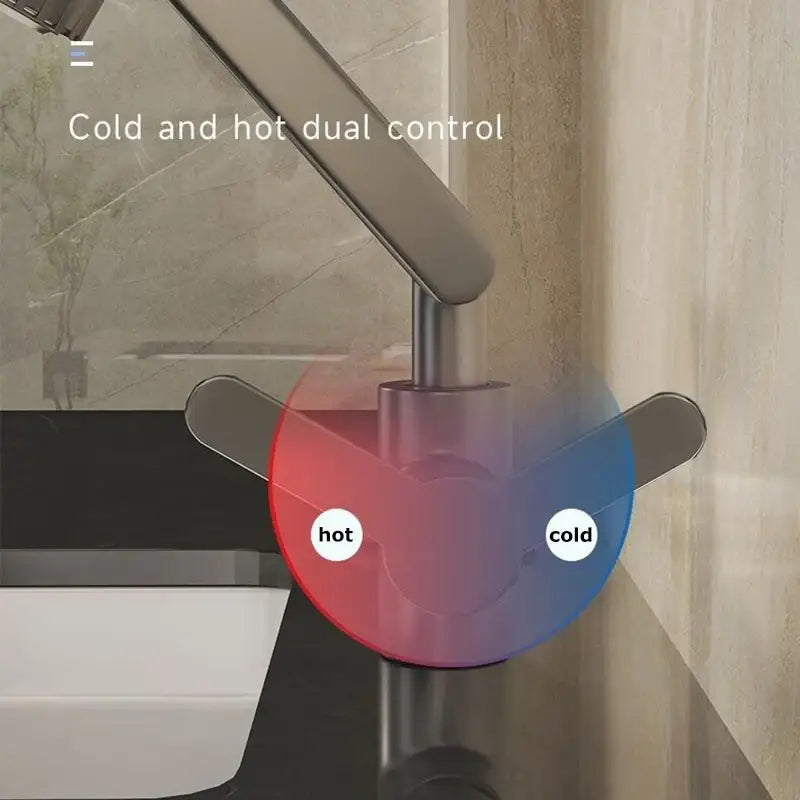 DecorBites™ rotating dual-mode faucet with chrome finish and red blue controls for kitchen and bathroom use