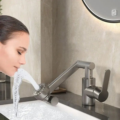 Decorbites™ rotating dual-mode faucet in brushed stainless steel with sleek angular design and adjustable spout for kitchen and bathroom