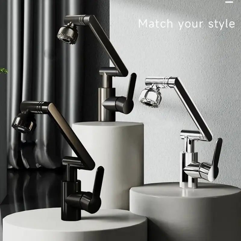 Modern black and chrome rotating dual-mode faucet with sleek articulated arms for kitchen and bathroom use