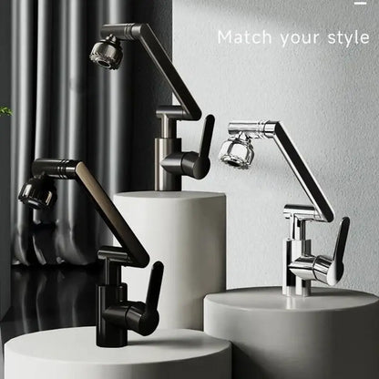 Modern black and chrome rotating dual-mode faucet with sleek articulated arms for kitchen and bathroom use
