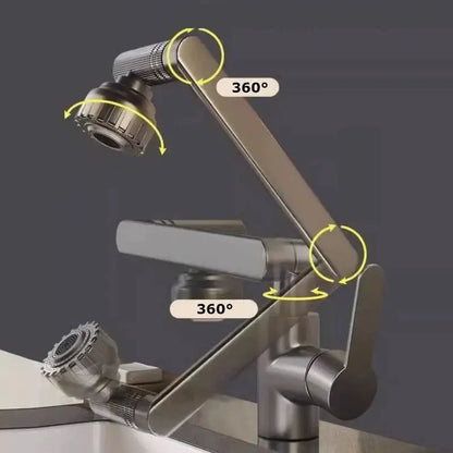Modern brushed stainless steel decorbites rotating dual-mode faucet with 360-degree swivel and dual spray heads for kitchen and bathroom