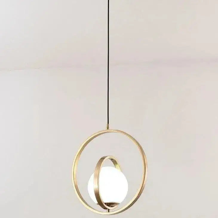 Decorbites rotating gold ring pendant light with gold-toned circular frame and frosted glass globe pendant light