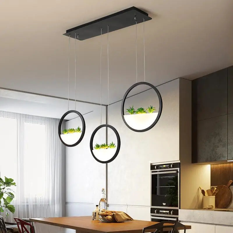 Decorbites™ round planter led chandelier with modern black circular pendant lights, metallic frame, and glowing interior