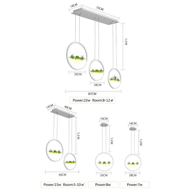 Decorbites™ modern minimalist planter led chandelier with three circular glass shades and green plants in white pots