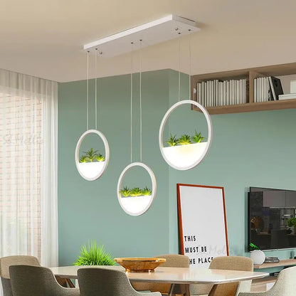 DecorBites™ modern white round planter led chandelier with integrated succulent planters emitting soft LED glow