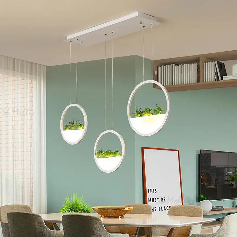 DecorBites™ modern white round planter led chandelier with integrated succulent planters emitting soft LED glow
