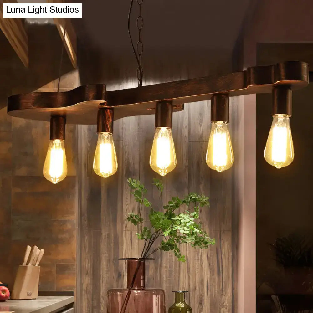 Rust finish decorbites pendant ceiling light with five exposed filament bulbs and guitar shaped metal beam 220v-240v 110v-120v