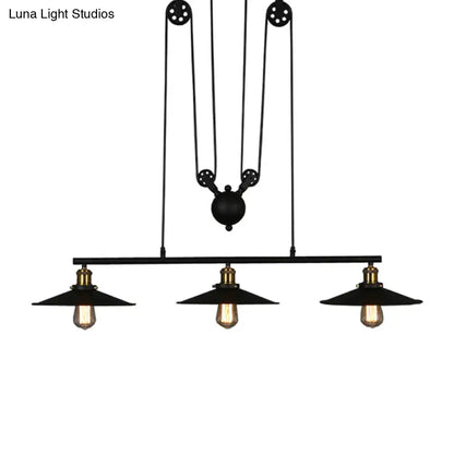 DecorBites rustic 3-head pendant light with black flared shade, brass accents, and exposed bulbs for dining room island