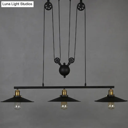 Decorbites rustic 3-head pendant light with black flared shade brass accents and exposed bulbs for dining room island