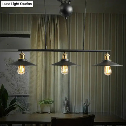 DecorBites rustic 3-head pendant light with black flared shade, brass fixtures, and exposed edison bulbs for dining room