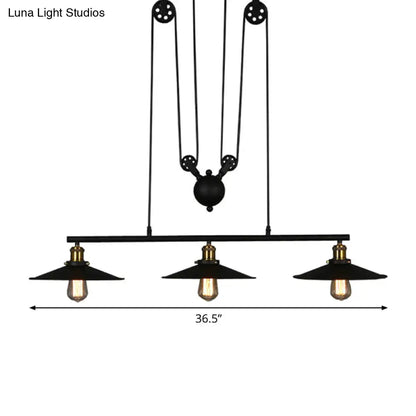 DecorBites rustic 3-head pendant light with black flared shade, exposed bulbs, and brass accents for dining room use