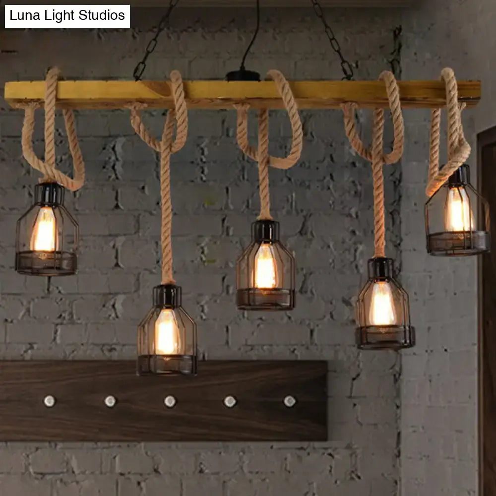 Decorbites rustic 5-head wood pendant light with amber glass e26 e27 bulbs and thick beige rope for 220v-240v use