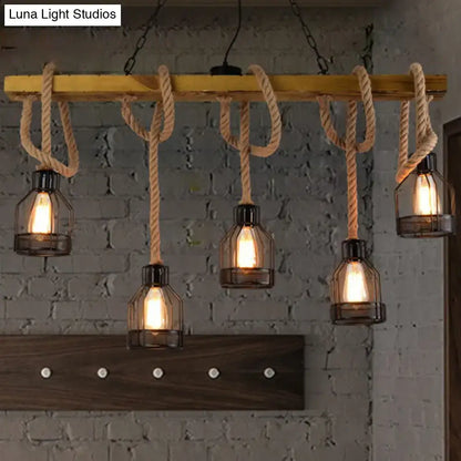Decorbites rustic 5-head wood pendant light with amber glass e26 e27 bulbs and thick beige rope for 220v-240v use