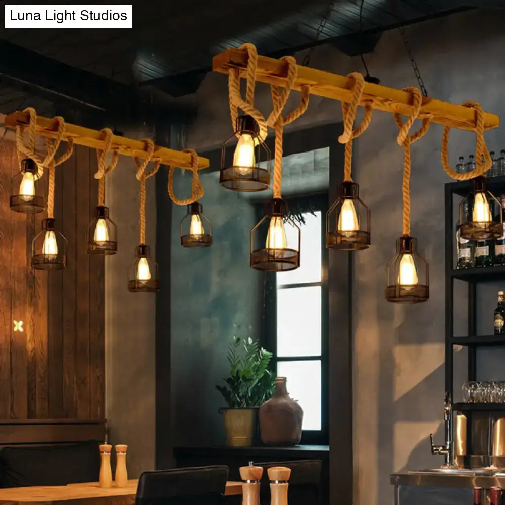 Decorbites rustic 5-head wood island pendant light with thick rope suspension and vintage glass bulbs compatible with e26 e27 220v-240v 110v-120v led incandescent fluorescent