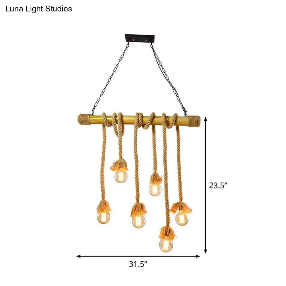 Rustic bamboo chandelier with five bare bulb e26 e27 bulbs wrapped in rope and black chain for dining room island light