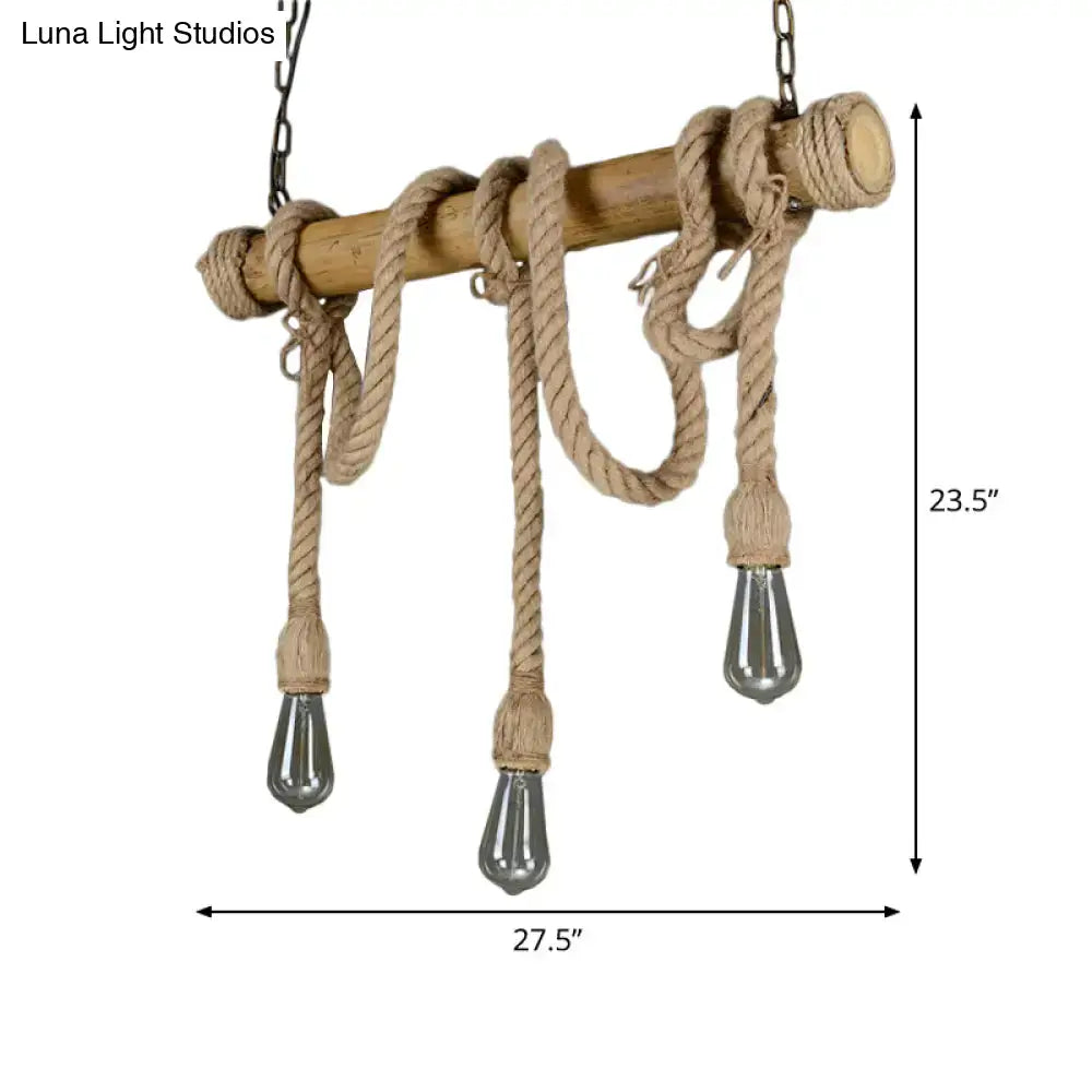 Rustic bamboo hanging lamp with bare bulb design featuring natural wood beam and beige rope for dining room island light e26 e27 110v-120v