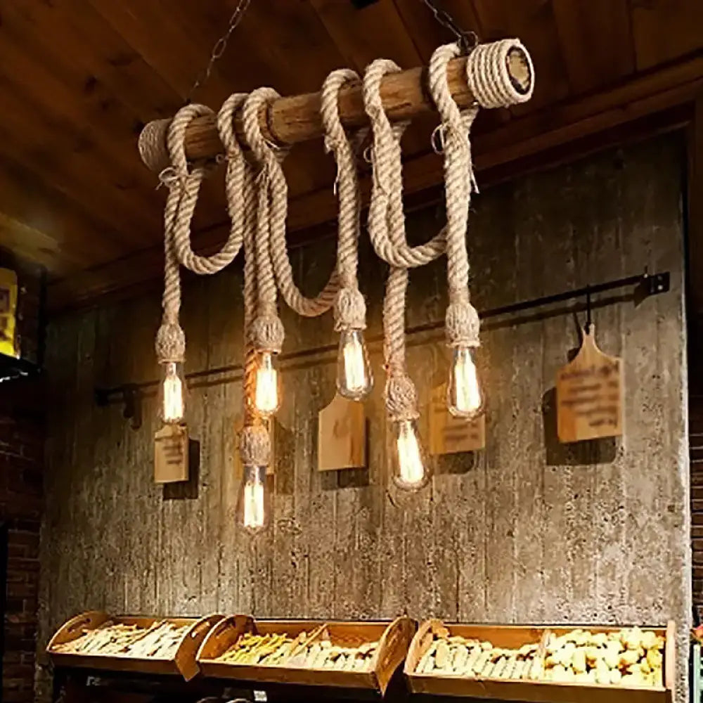 Decorbites rustic bamboo hanging lamp with bare bulb e26 e27 110v-120v rustic rope wrapped wooden beam chandelier