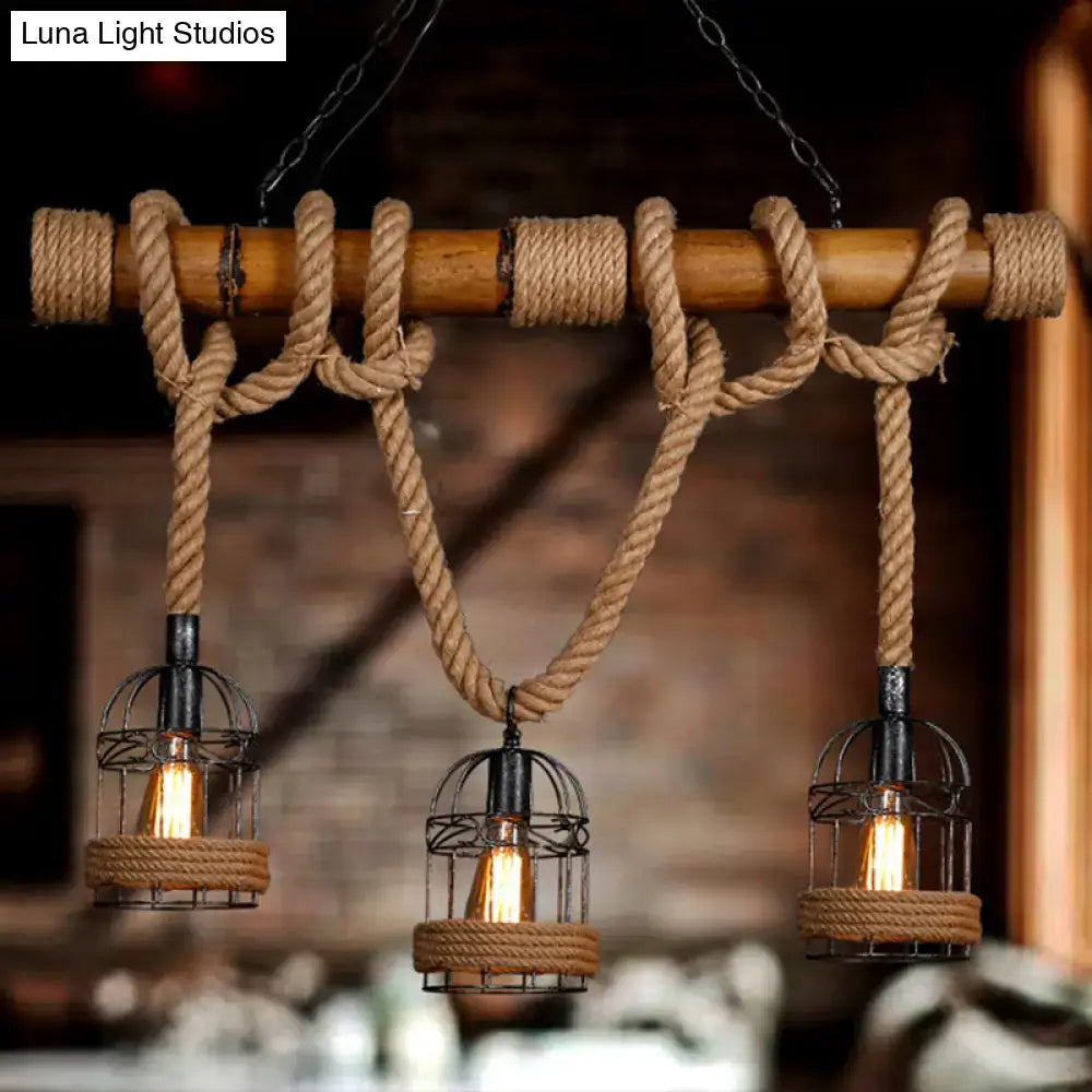 DecorBites™ rustic bamboo island lighting chandelier with beige rope knots and black metal birdcage shades linear fixture