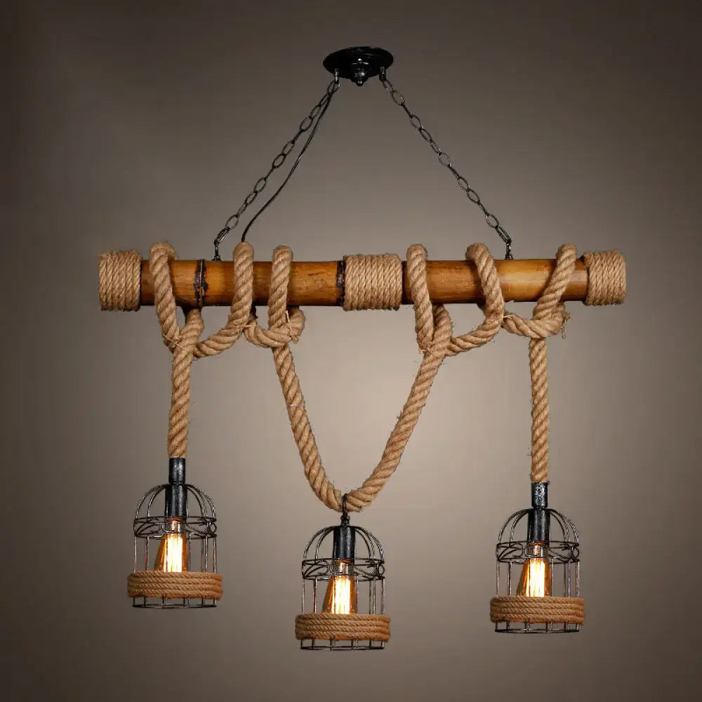 Decorbites™ rustic bamboo island lighting chandelier in beige with natural bamboo beam and thick rope suspending wire cage lanterns