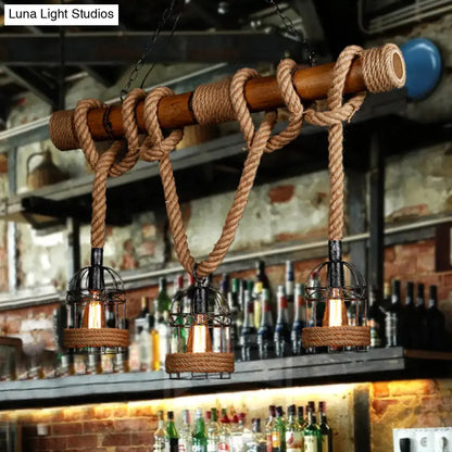 DecorBites™ rustic bamboo island lighting chandelier with beige wooden beam and three rope-wrapped cage bulbs for island lighting