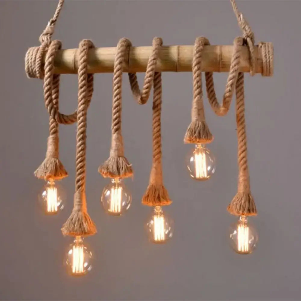 DecorBites rustic bamboo tube ceiling light with thick natural rope and exposed bulbs ideal for restaurants and islands