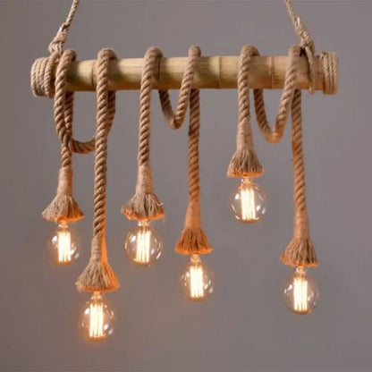 DecorBites rustic bamboo tube ceiling light with thick natural rope and exposed bulbs ideal for restaurants and islands