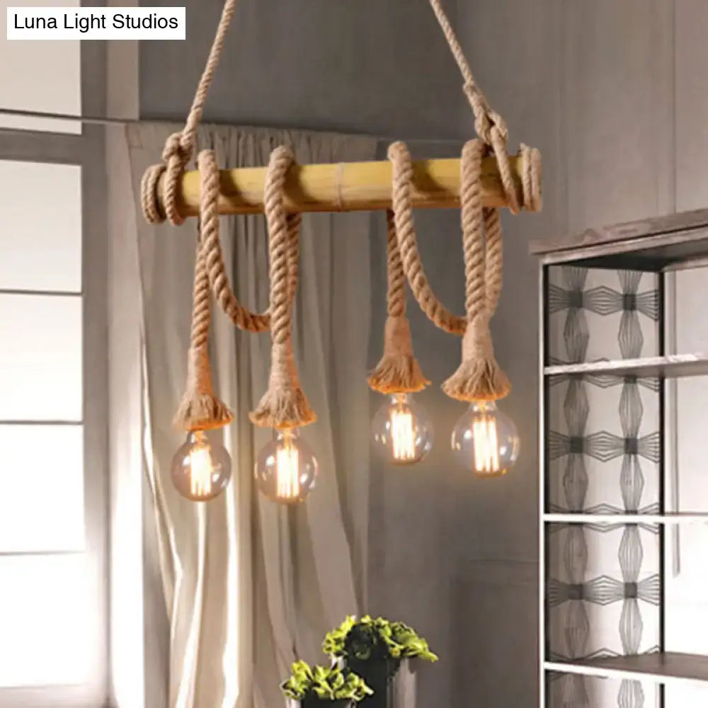DecorBites™ rustic bamboo ceiling light with thick beige rope and exposed bulb fixtures ideal for restaurants and islands