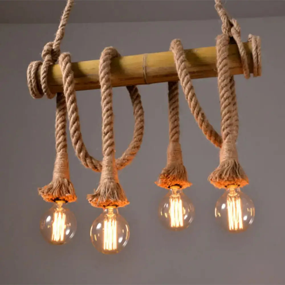 DecorBites™ rustic bamboo ceiling light with thick beige rope and four glowing exposed bulb filament lights