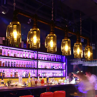 Decorbites rustic bar ceiling pendant light with amber clear glass beer mugs and bronze metal pipe design