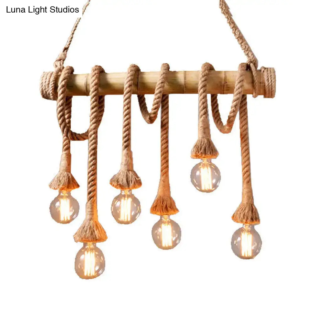 Decorbites™ rustic bare bulb pendant light featuring a bamboo pole and natural rope suspension with exposed bulbs