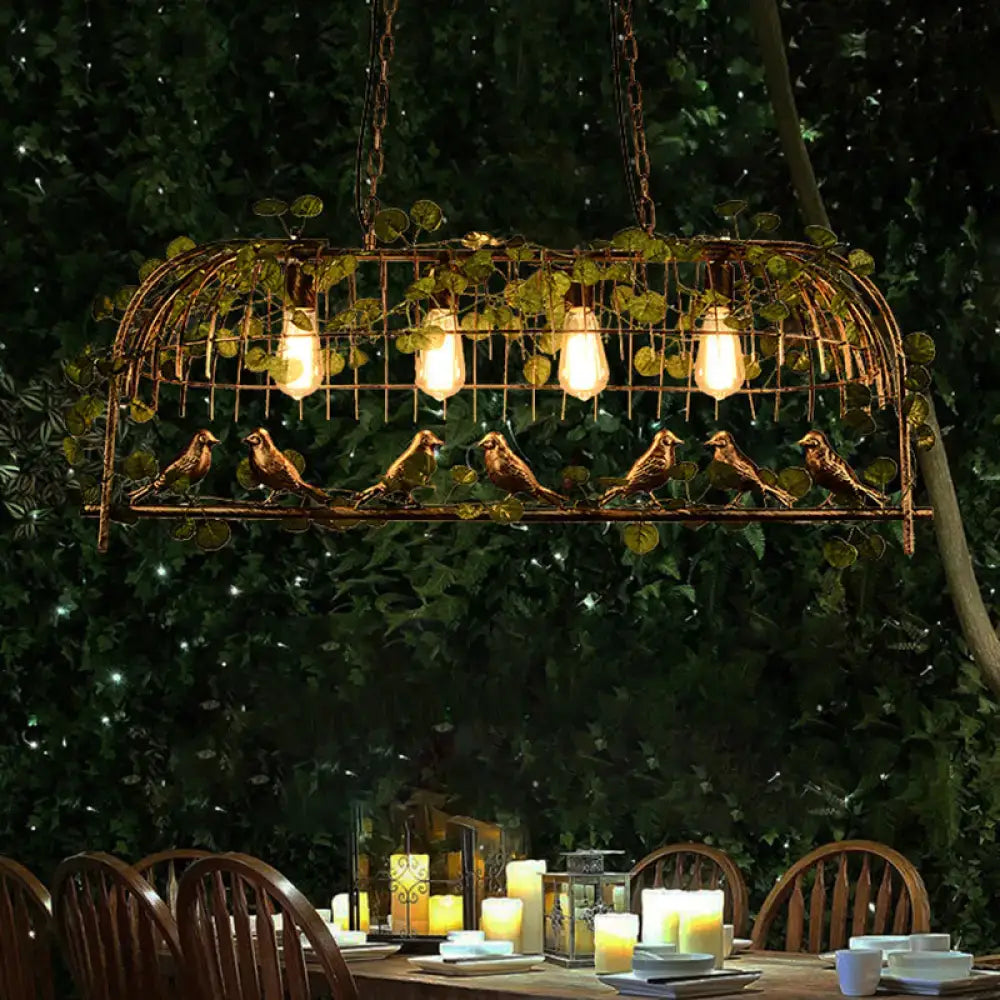 Bronze bird-themed woven wire light fixture with leaf accents and exposed bulb design for birdcage island use