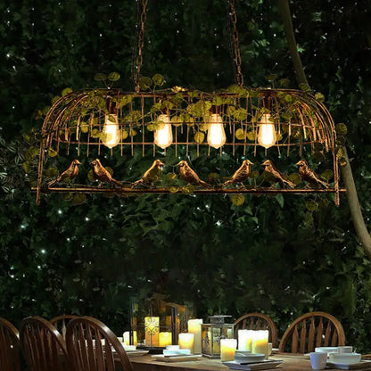 Bronze bird-themed woven wire light fixture with leaf accents and exposed bulb design for birdcage island use