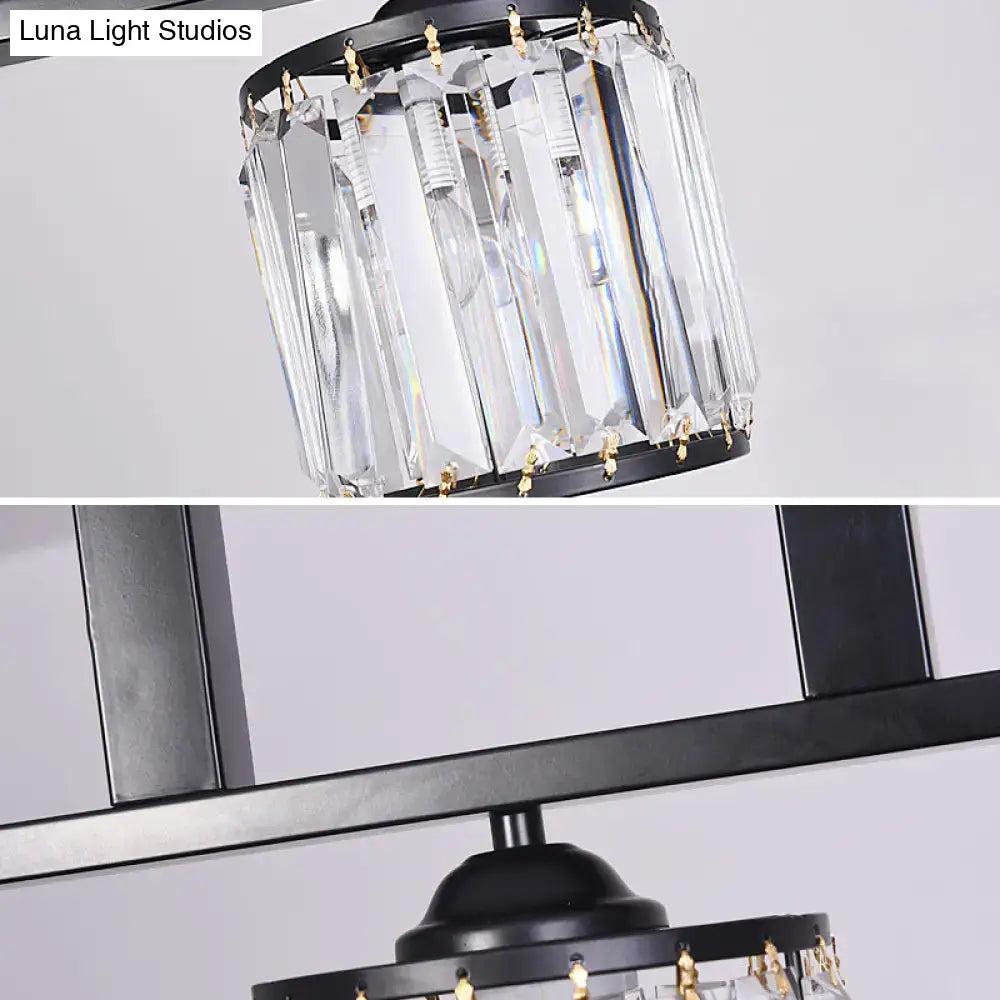DecorBites™ rustic black cylindrical island pendant with 3 lights clear crystal prisms and gold-toned accents ideal for tables