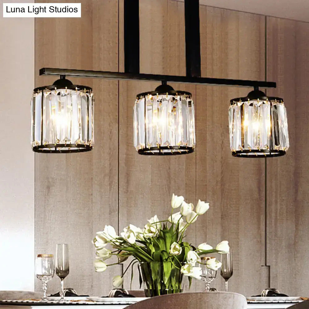 Decorbites™ rustic black cylindrical island pendant with three crystal prism chandeliers and warm lighting for tables
