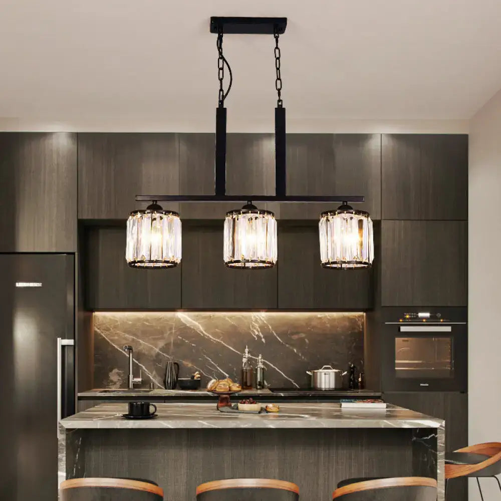 Decorbites rustic black cylindrical island pendant with three crystal shades ideal for tables and island lighting