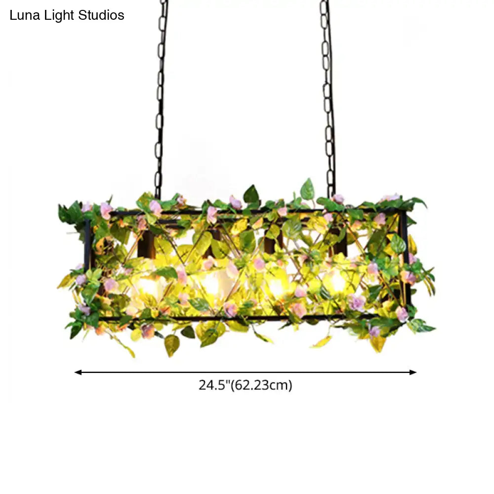 Decorbites rustic black metal rectangle lantern pendant light with chain and artificial vines for restaurants 110v-120v