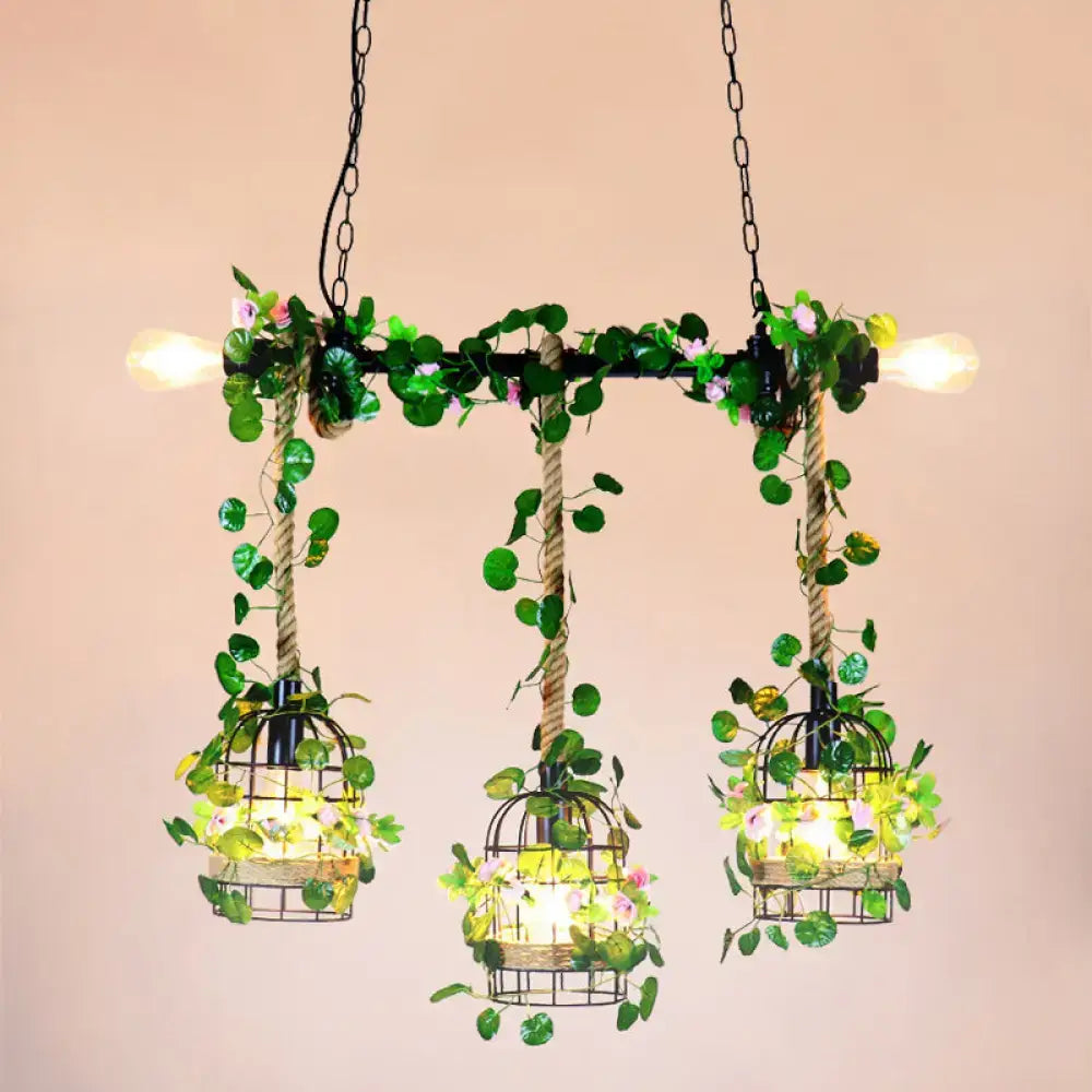 DecorBites™ rustic black metal birdcage chandelier with hanging vines pink flowers rectangle lantern 110v-120v pendant light