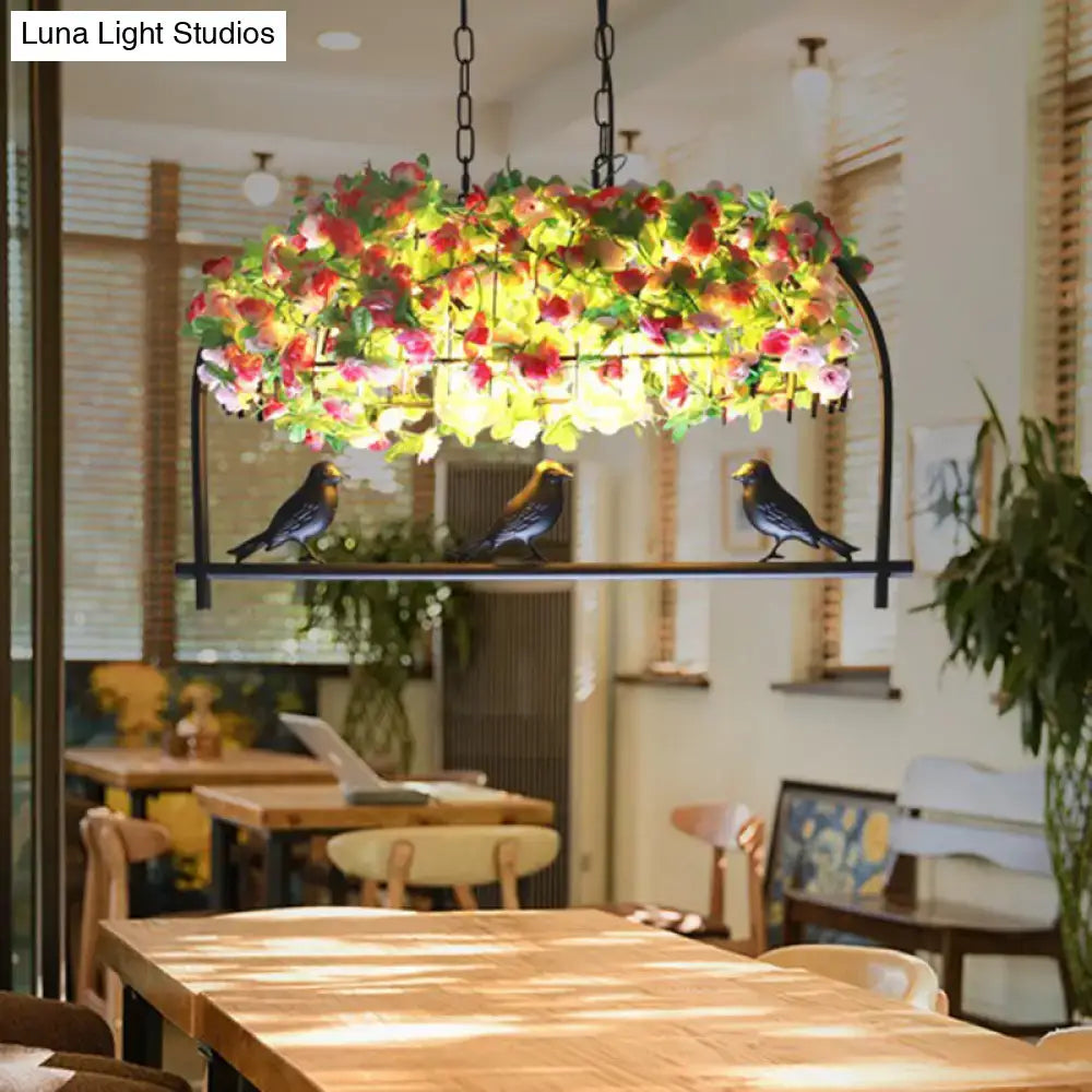 Decorbites™ rustic black metal rectangle lantern pendant light with artificial flowers and birds for restaurants 110v-120v