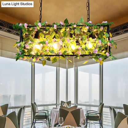 Decorbites™ rustic black metal rectangle lantern pendant light with artificial pink flowers for restaurants 110v-120v