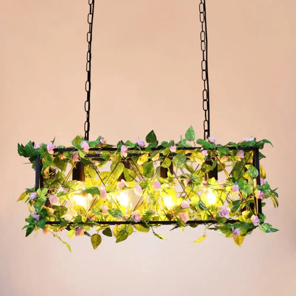 Decorbites™ rustic black metal rectangle lantern pendant light with artificial vines and pink flowers 110v-120v