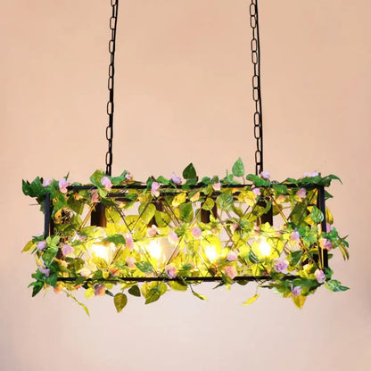 Decorbites™ rustic black metal rectangle lantern pendant light with artificial vines and pink flowers 110v-120v