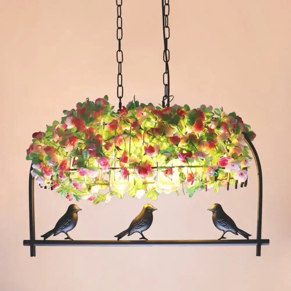 Decorbites™ rustic black metal rectangle lantern pendant light with artificial roses and bird figurines 110v-120v