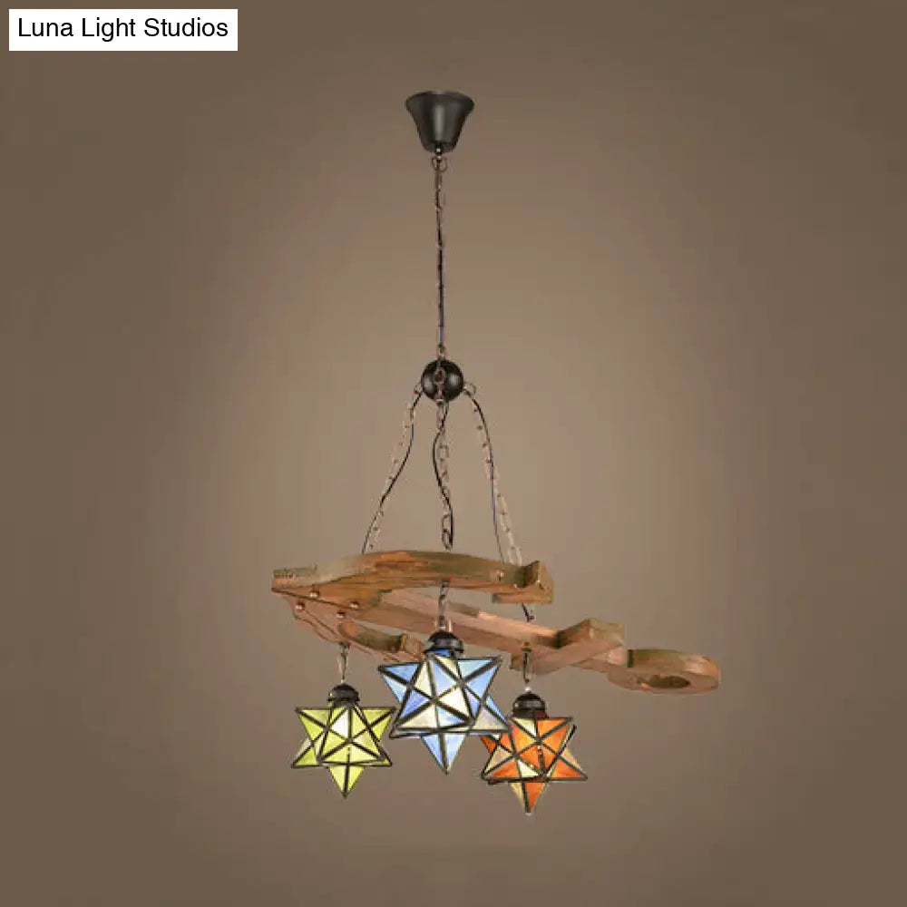 DecorBites™ rustic black star hanging chandelier with three stained glass shades and adjustable metal chain hanging lamp