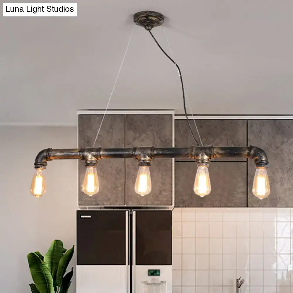 DecorBites Rustic bronze island pendant ceiling light with plumbing pipe iron frame and five exposed Edison bulbs for living room
