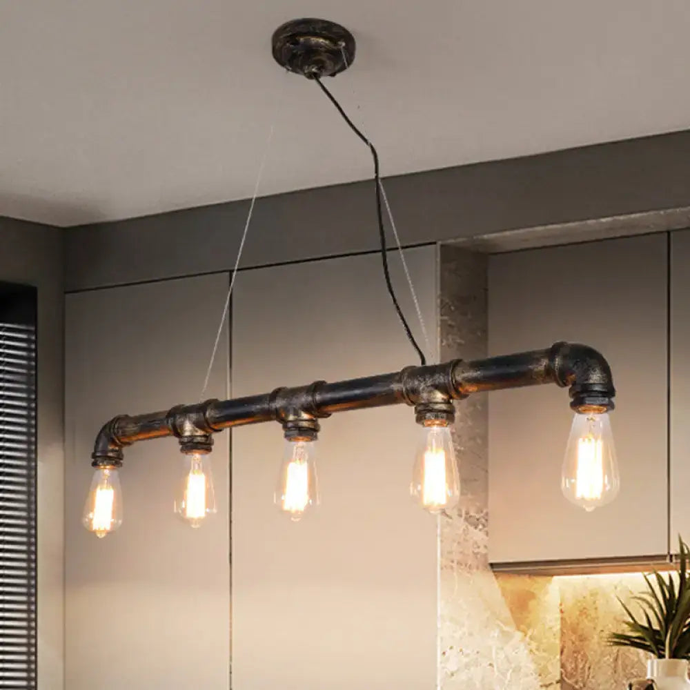 DecorBites™ rustic bronze island pendant light with black plumbing pipe iron and four exposed bulbs for living room ceiling light