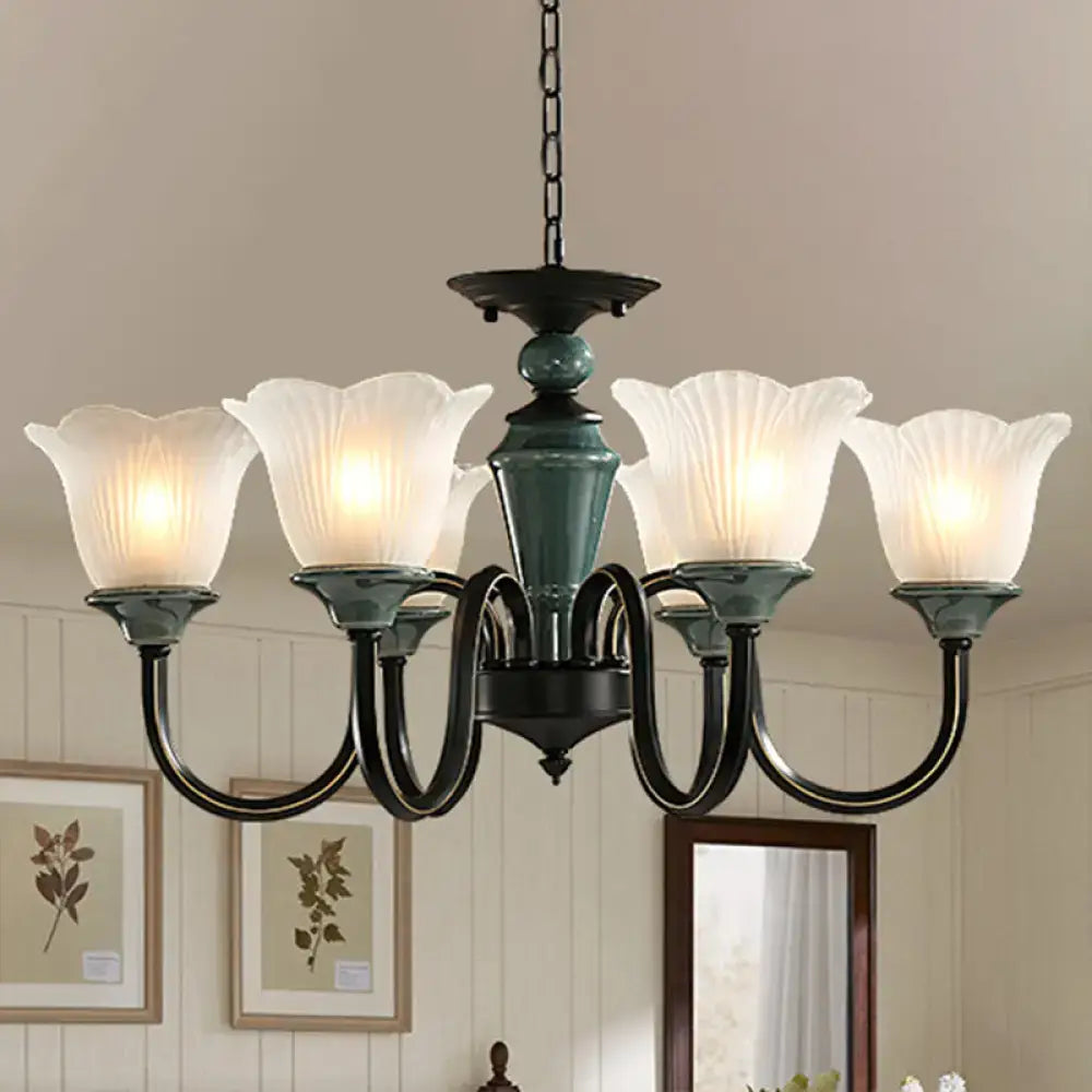 Decorbites™ rustic floral chandelier with blackish green suspension frosted glass shades and teal ceramic accents
