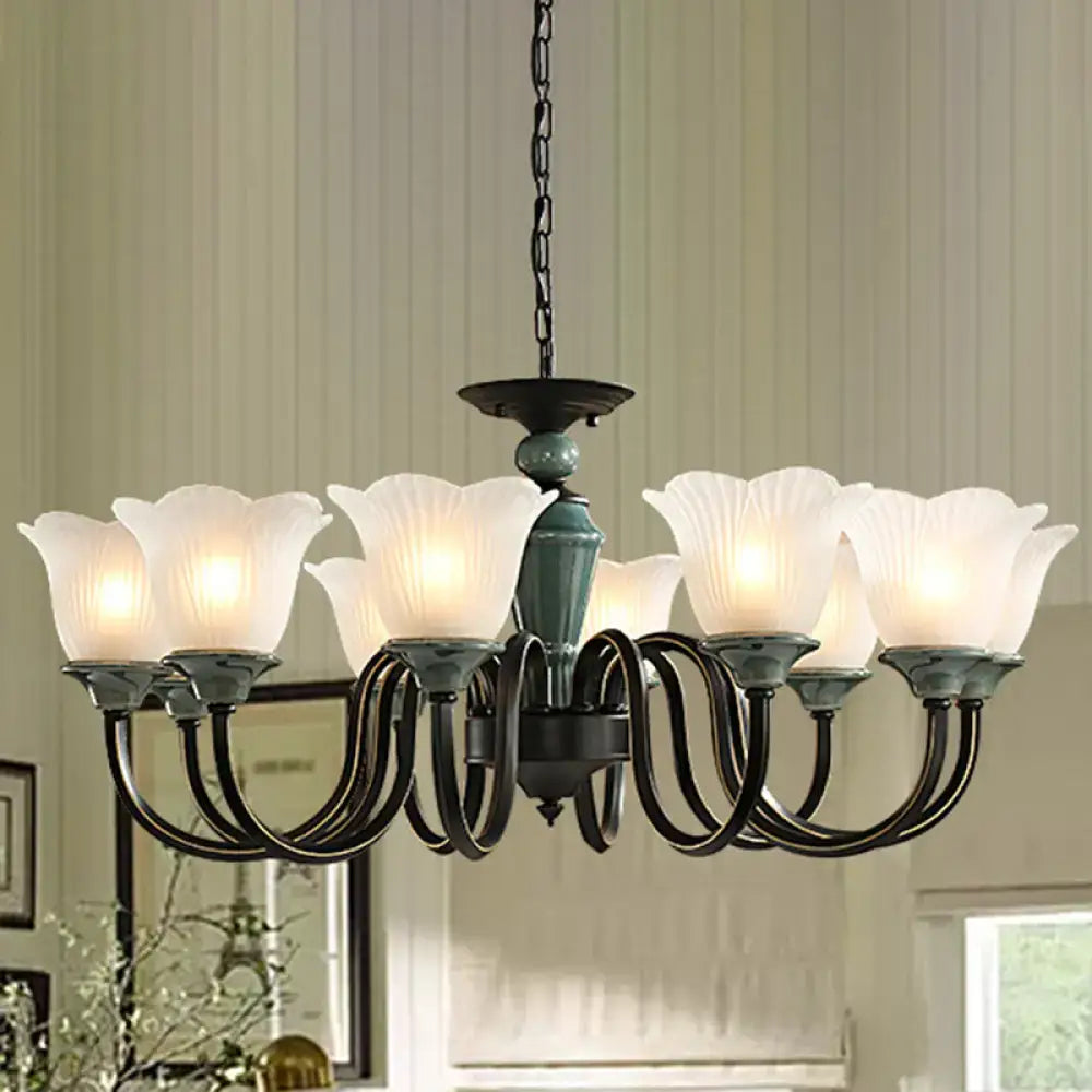 Antique bronze-finished decorbites rustic floral chandelier with blackish green suspension and frosted glass shades