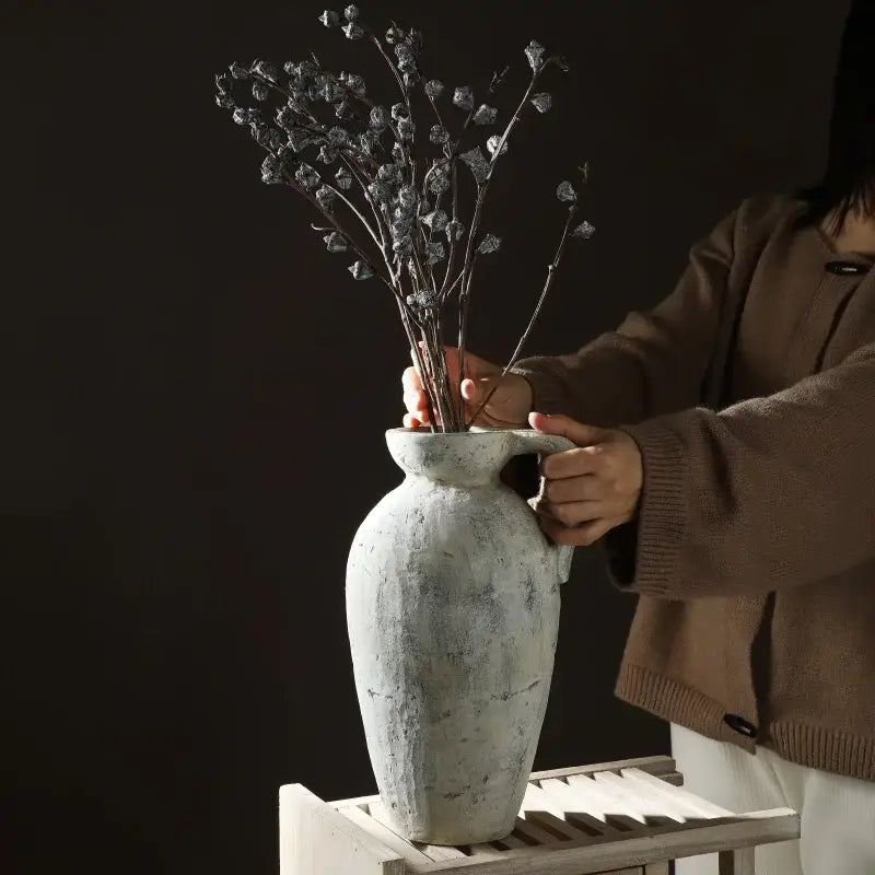 DecorBites rustic handmade ceramic vase with matte finish coarse pottery texture and sturdy handle for home decor